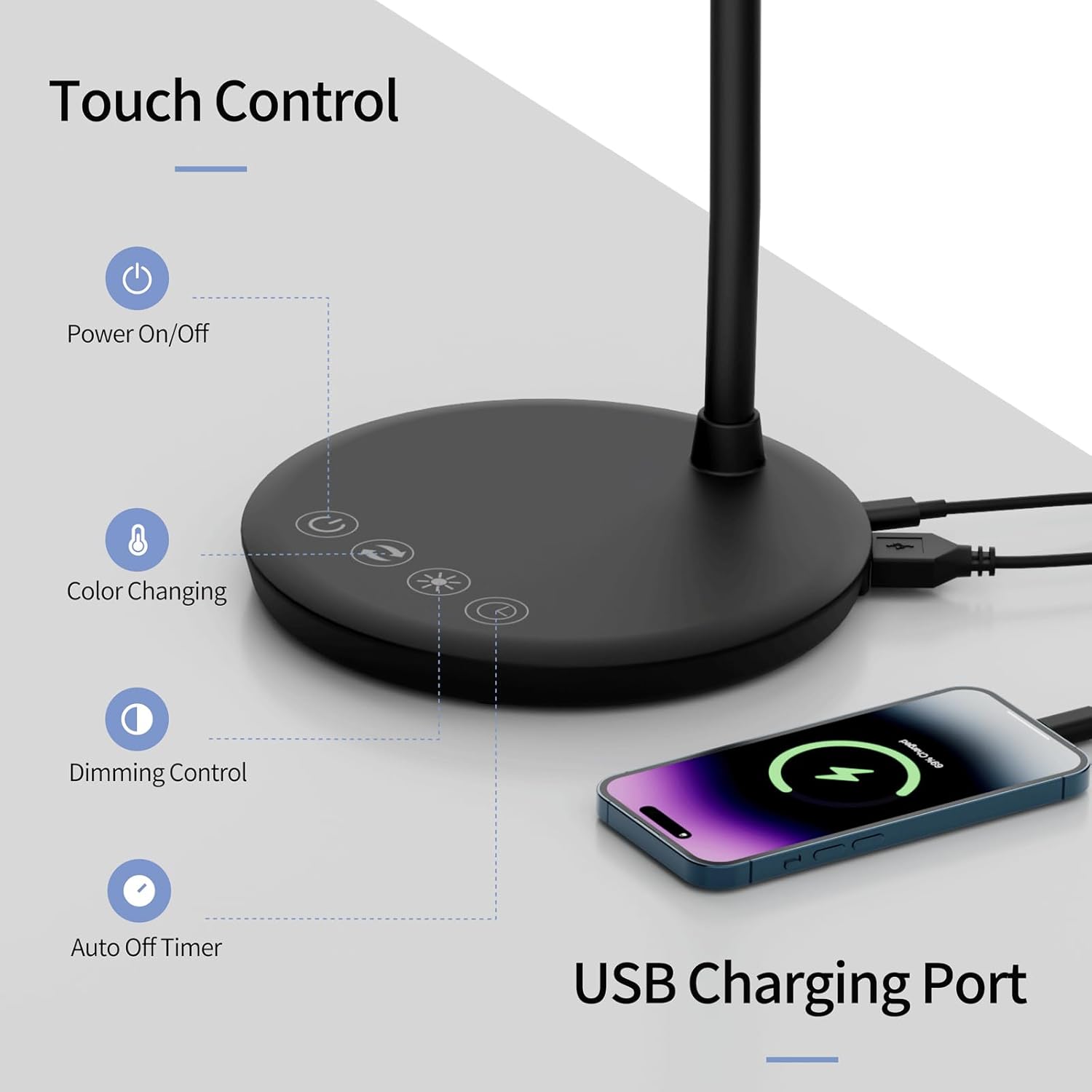 axx tu08 led small desk lamp with usb charging port, 650 lumens 3 color modes, 5 touch dimming, 30/60 minute timer, 18 inch black table light for reading, home office, college dorm room accessories