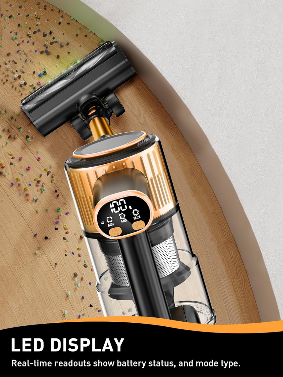 cordless vacuum cleaner, 40kpa 8 in 1 powerful suction lightweight stick vacuum cleaner for home, led display, 3 suction modes, 45mins detachable battery vacuum for hard floor carpet pet hairs