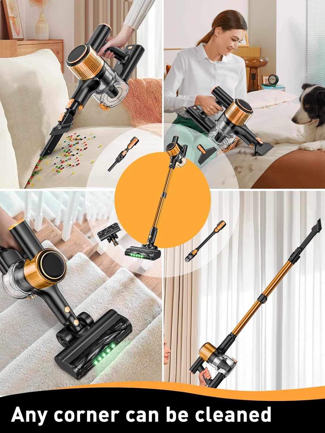 cordless vacuum cleaner, 40kpa 8 in 1 powerful suction lightweight stick vacuum cleaner for home, led display, 3 suction modes, 45mins detachable battery vacuum for hard floor carpet pet hairs