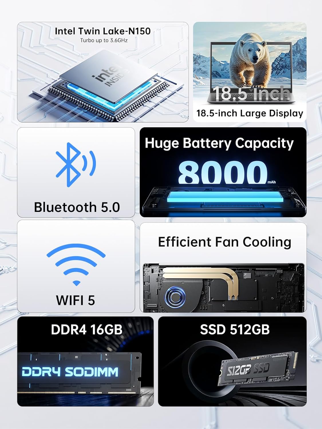 18.5" laptop computer with 8000 mah battery, intel quad core processor(up to 3.6ghz ),16gb ddr4 ram 512gb ssd,full hd ips display,type c,webcam,2025 windows 11 laptops for work business office student