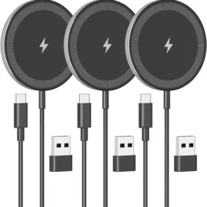 3Pack Magnetic Wireless Charger Pad: 15W Fast Qi Slim Portable Charging Disc for Apple - iPhone 16 16e 15 14 13 12 Series - AirPods 4 3 2 Pro - Samsung Galaxy S25/S24 (Qi2 Ready) & Pixel 10 (Black)