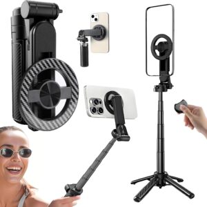 4-in-1 Multifunctional 360° Rotation Magnetic Selfie Stick with Detachable Wireless Remote for iPhone & Android, Portable Extendable Phone Tripod for Travel Vlog Live Streaming