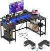 47 inch Gaming Desk with USB Charging Ports and LED Light, Reversible L Shaped Desk, L Shaped Desk with Hook & Monitor Stand, Computer Desk with Drawer and Shelves for Home Office Bedroom