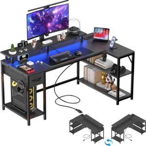 47 inch Gaming Desk with USB Charging Ports and LED Light, Reversible L Shaped Desk, L Shaped Desk with Hook & Monitor Stand, Computer Desk with Drawer and Shelves for Home Office Bedroom