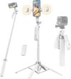 71" Selfie Stick Tripod: with Wireless Remote & 2 Fill Lights - Tall Phone Tripod Stand with Quad-Leg Base, Aluminum Alloy White Stick for iPhone, Android, GoPro, Vlogging & Video
