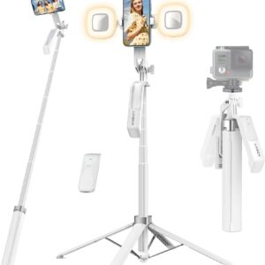 71" Selfie Stick Tripod: with Wireless Remote & 2 Fill Lights - Tall Phone Tripod Stand with Quad-Leg Base, Aluminum Alloy White Stick for iPhone, Android, GoPro, Vlogging & Video