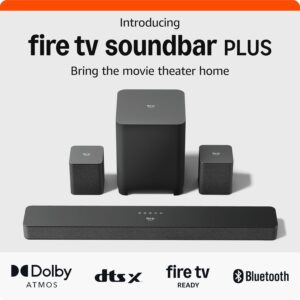 Amazon Fire TV Soundbar Plus with subwoofer and surround sound speakers (newest model), 5.1 channel, Dolby Atmos, clear dialogue
