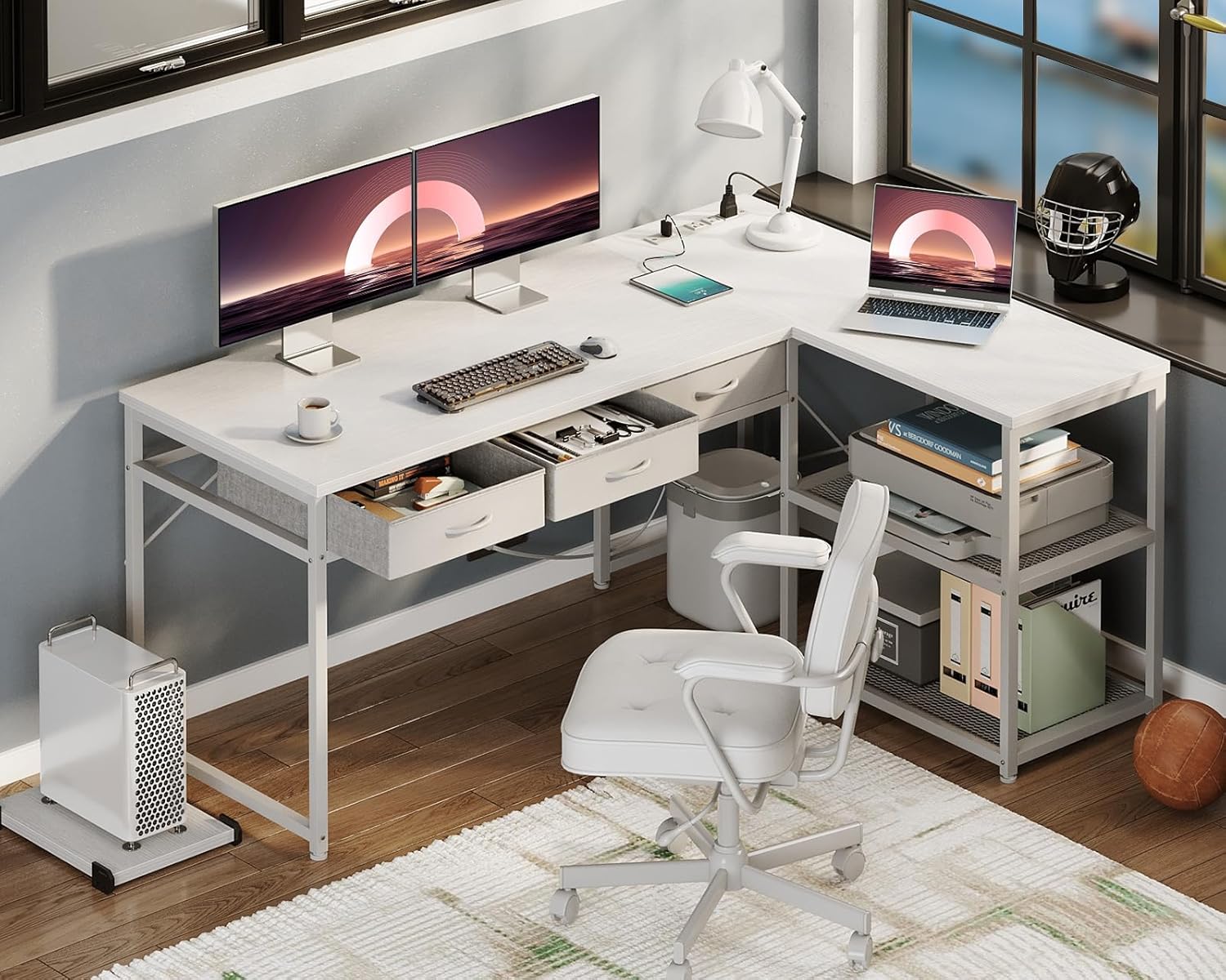 aodk 53 inch l shaped computer desk with drawers, corner desk with power outlets & reversible storage shelves, movable cpu stand for home office gaming, white