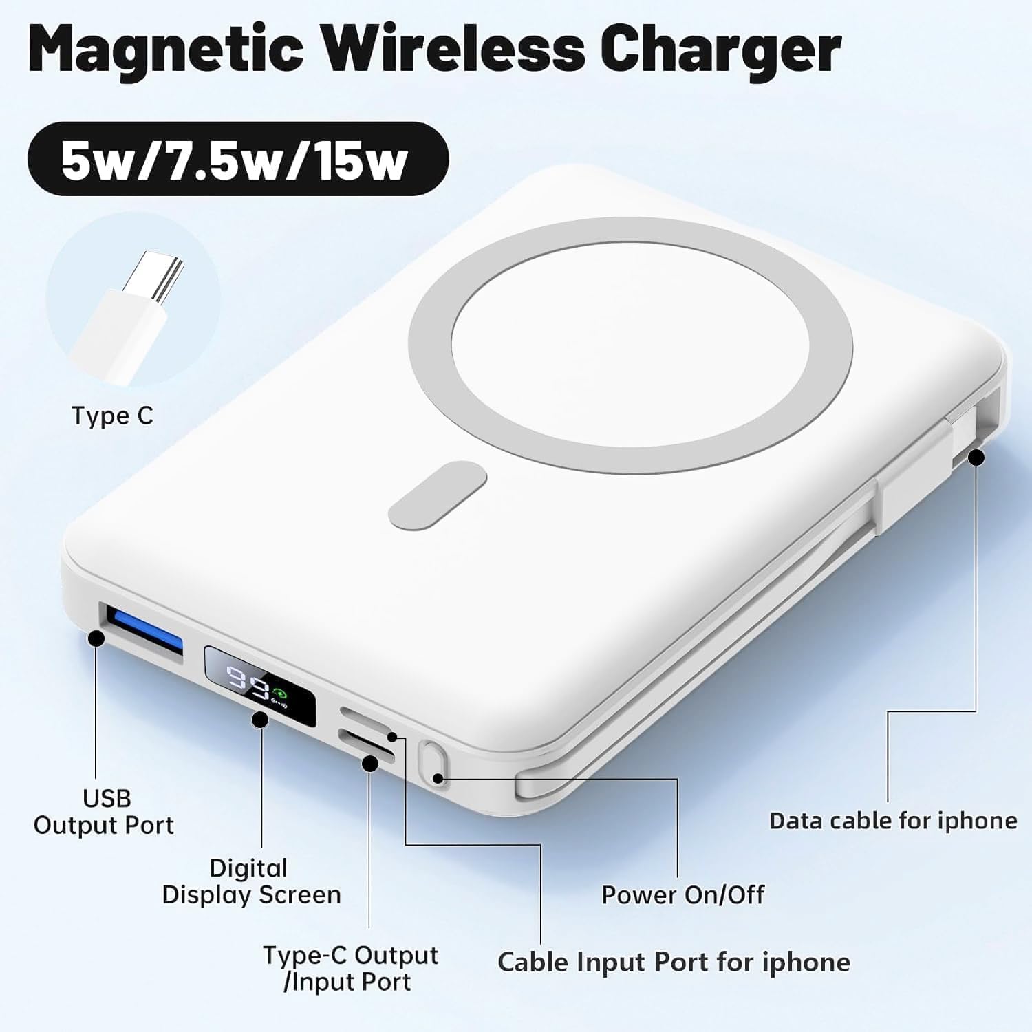 azmuth for magsafe battery pack, 10000mah magnetic power bank 22.5w pd fast charging with led display wireless portable charger for magsafe with stand for iphone 17/16/15/14/13/12/pro/pro max