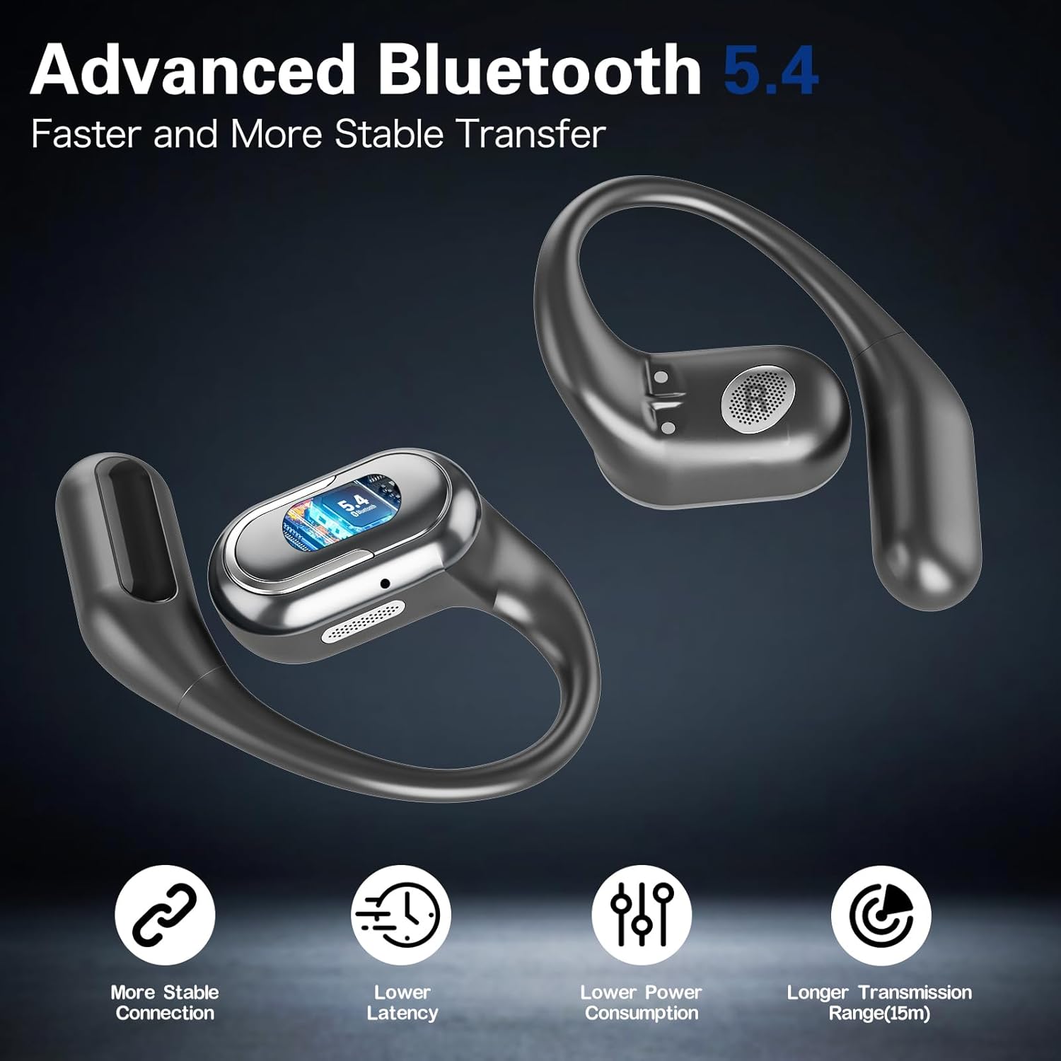 bluetooth 5.4 headphones true wireless stereo earbuds 40h playtime led power display earphones with lpx5 waterproof open ear buds for sporting, working, studying black