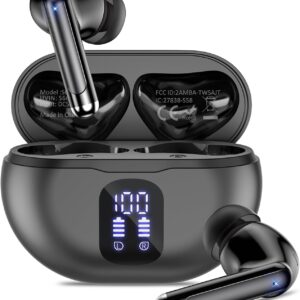 Bluetooth Headphones True Wireless Earbuds 50H Playback LED Power Display Earphones with Wireless Charging Case IPX7 Waterproof in-Ear Ear buds with Mic for Smart Phone Computer Sports, Black