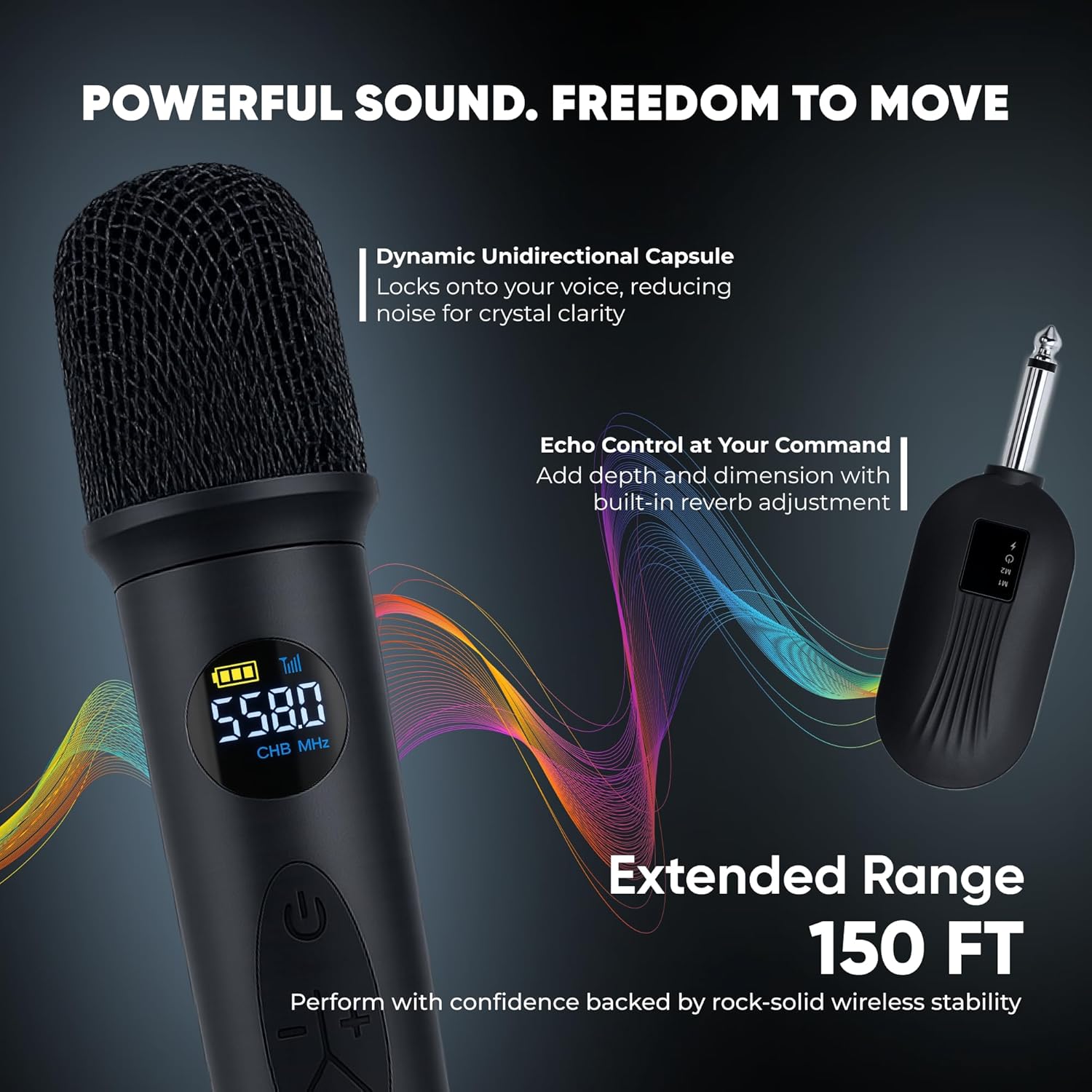 bowens wireless microphone system – karaoke microphone wireless with receiver, echo control, lcd display, usb c charging, 6.35mm adapter – cordless mic for singing, speaking parties, events