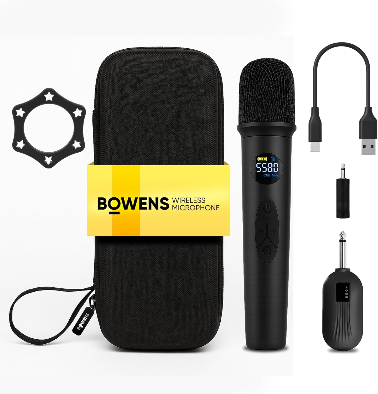 Bowens Wireless Microphone System – Karaoke Microphone Wireless with Receiver, Echo Control, LCD Display, USB-C Charging, 6.35mm Adapter – Cordless Mic for Singing, Speaking Parties, Events