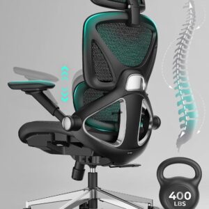 CAPOT Ergonomic Mesh Office Chair, Adjustable Lumbar High Back Desk Chair 400lbs, 4D Flip-up Arms, 3-Level Tilt Backrest, 3D Headrest, PU Wheels, Swivel Rolling Computer Seating for Long Desk Work