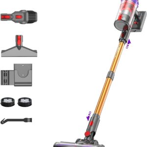 Coovy Cordless Vacuum Cleaner SU7, 580W 45Kpa 75 Minutes Runtime Stick Vacuum with Touch Screen, Anti-Tangle Wireless Powerful Lightweight Vac for Home Pet Hair Carpet Hardwood, Gold