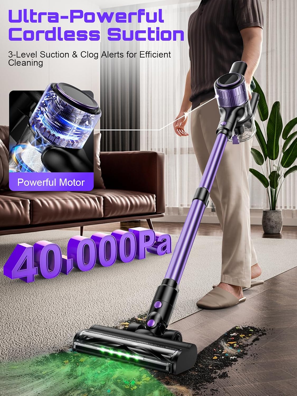 cordless vacuum cleaner, 10 in 1 stick vacuum with powerful suction, hose, green led light, anti tangle brush, lightweight rechargeable vacuum cleaner for home, hardwood floors, carpets