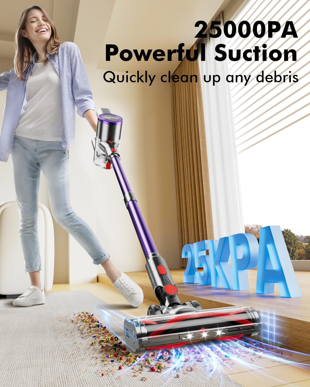 cordless vacuum cleaner, 25kpa vacuum cleaners for home, stick vac with anti tangle brush, 40 mins runtime, lightweight, versatile for carpet, hard floor, pet hair (purple)