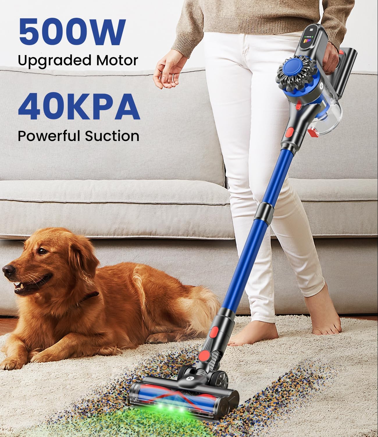 cordless vacuum cleaner, 500w/40kpa vacuum cleaners for home, 60mins stick vacuum with led display, anti tangle & wall mount charging, 8 in 1 lightweight vacuum for hard floors carpet pet hair