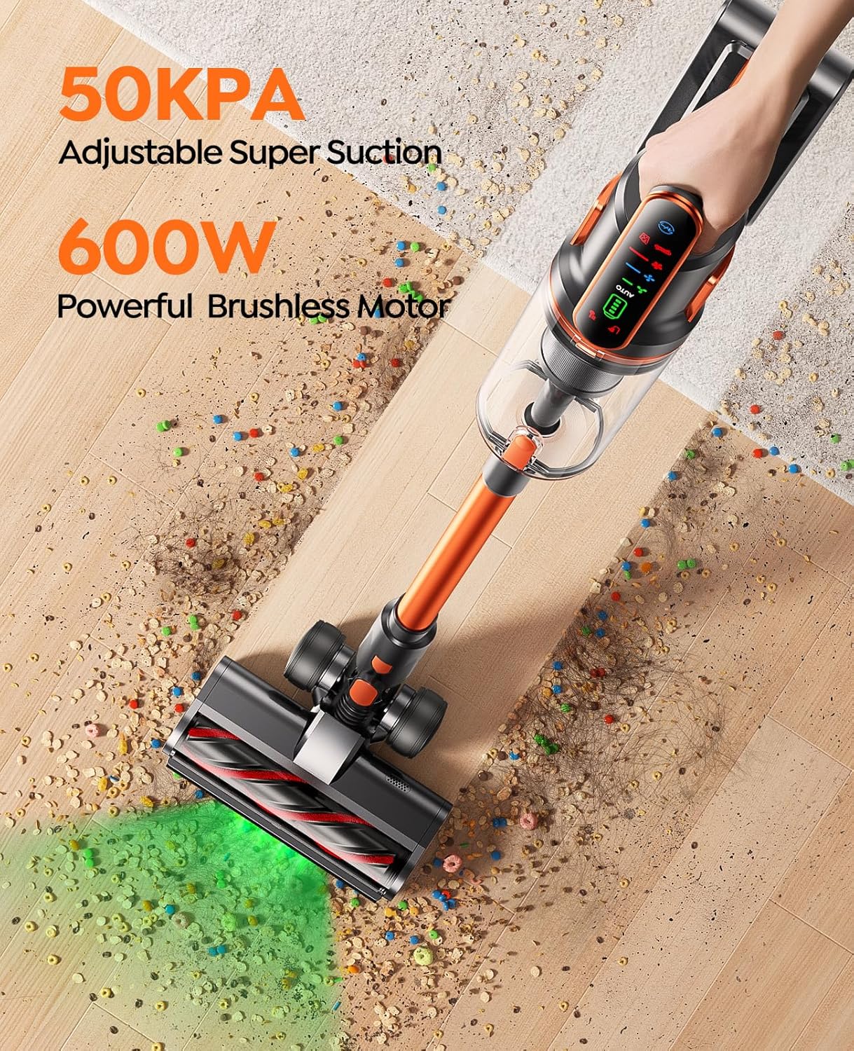 cordless vacuum cleaner, 600w/50kpa/65min runtime stick vacuum with 3.3ft hose, wall mount charging, auto mode, touchscreen, self standing vacuum cleaner for home/pet hair/carpet/car, fragrance
