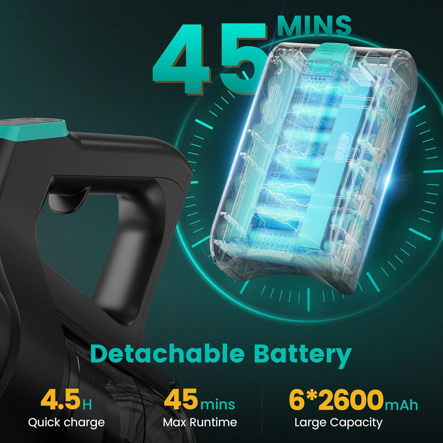 cordless vacuum cleaner, stick vacuum with powerful suction, 45mins runtime vacuum cleaners for home, anti tangle and 1.5l dust cup, 6 in 1 lightweight vacuum for hardwood floor carpet pet hair