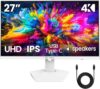 CRUA 27" 4K White Monitor, UHD(3840x2160P) IPS Panel, 60Hz Computer Monitor, Supports AMD Freesync, USB Type-C, 120% sRGB, Built-in Speakers, Wall Mountable, for Work, Streaming, and Home Office