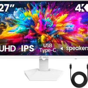 CRUA 27" 4K White Monitor, UHD(3840x2160P) IPS Panel, 60Hz Computer Monitor, Supports AMD Freesync, USB Type-C, 120% sRGB, Built-in Speakers, Wall Mountable, for Work, Streaming, and Home Office
