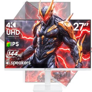 CRUA 27" Gaming Monitor, 144Hz 4K UHD(3840*2160P) IPS Screen, Supports Height/Pivot/Rotating/Tilt Adjustable Vertical Monitor, AMD Freesync, 120% sRGB, Built-in Speakers, Wall Mountable Installs-White