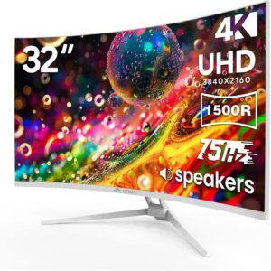 CRUA 32" White Curved Monitor, 4K UHD(3840*2160P) 1500R VA Screen, 75Hz Computer Monitor Supports AMD Freesync, 120% sRGB, Built-in speakers, Blue Light Filter,Wall Mountable Installs(HDMI 2.0/DP 1.4)