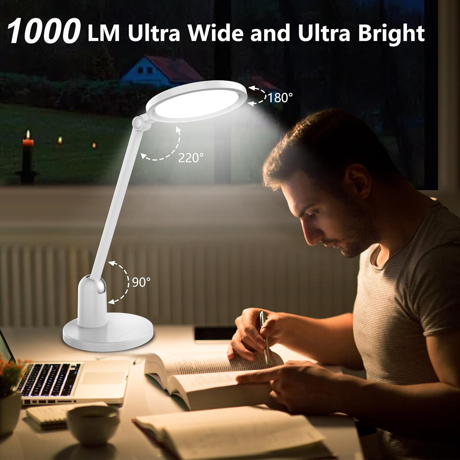desk lamps for home office with stable base, 1000lm ultra bright eye caring desk light, 3000k 6000k dimmable table lamp with stepless dimming & timing function for work, reading, bedroom, bedside