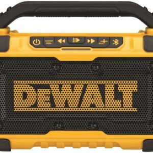 DEWALT 20V MAX Bluetooth Speaker, 100 ft Range, Durable for Jobsites, Phone Holder Included, Lasts 8-10 Hours with Single Charge (DCR010)