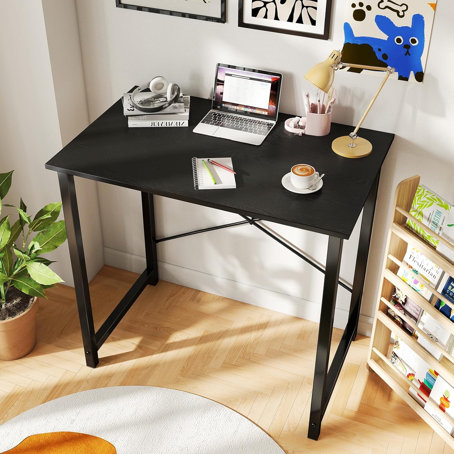 dumos 32 in small computer desk for home office, modern study work table simple style for bedroom, writing desks with x shaped reinforcement, black