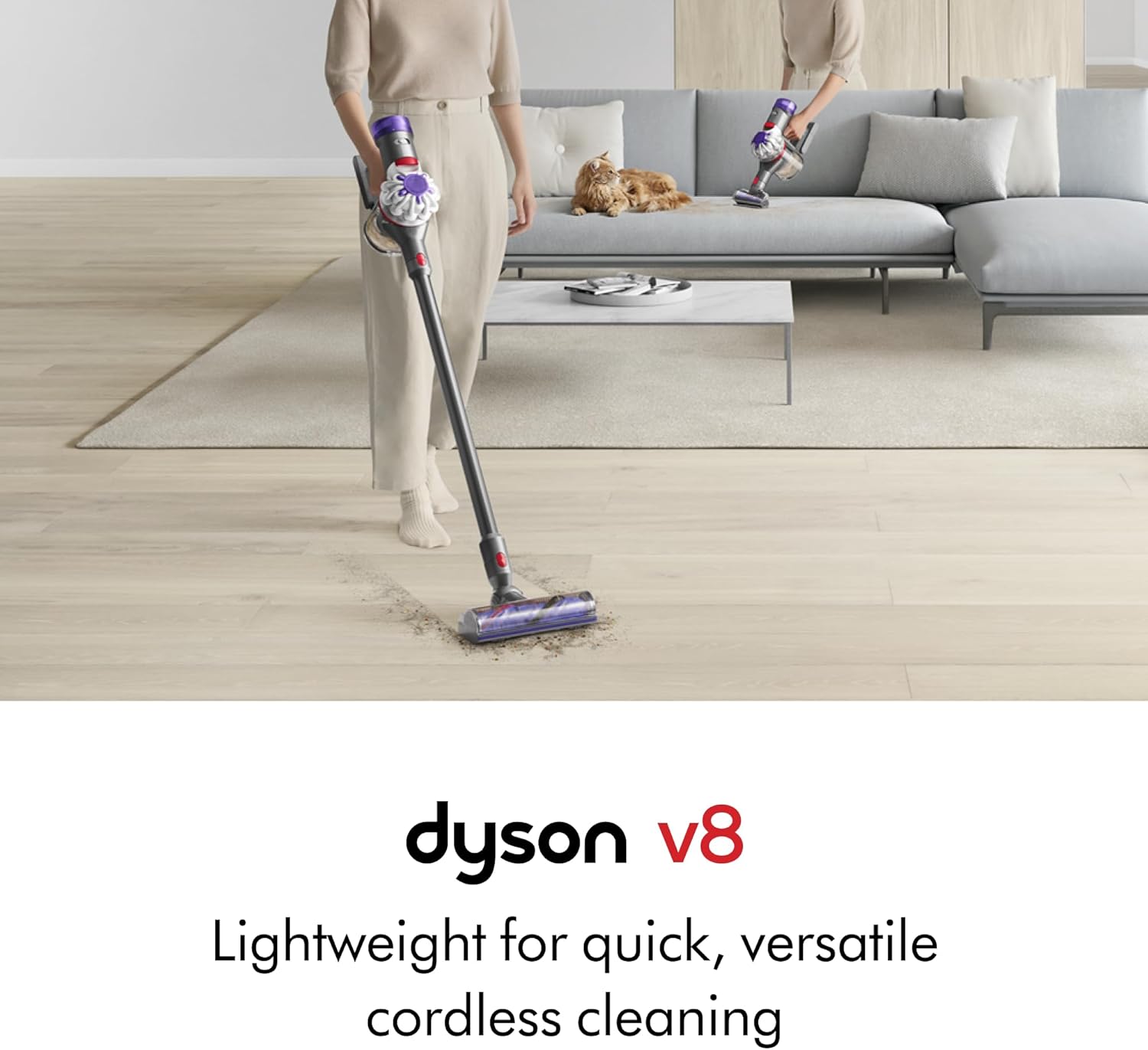 dyson v8 cordless vacuum, cleans hard floors and carpets, detangles, converts to handheld, 115aw, 2 power modes, up to 40 minutes¹