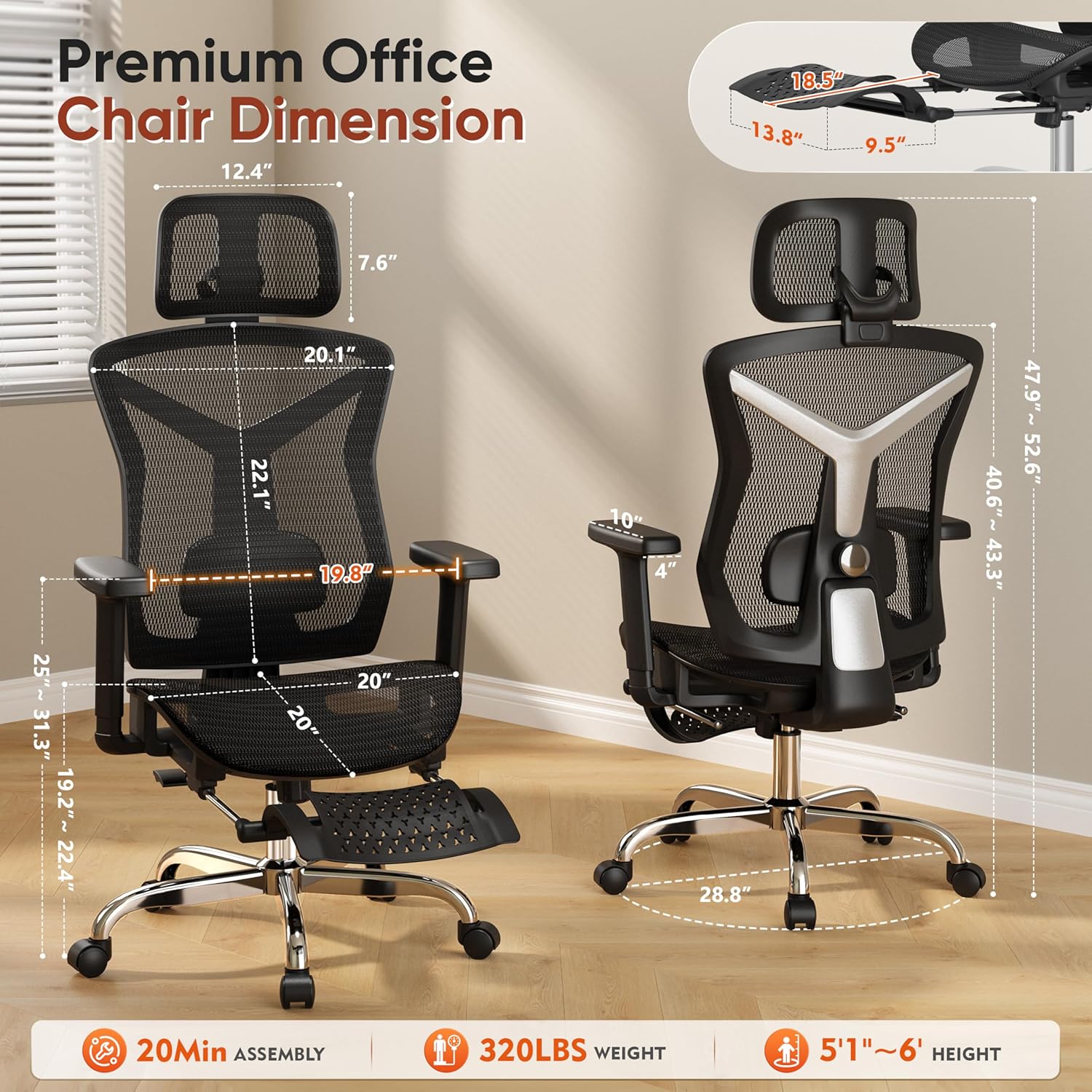 ergonomic office chair with foot rest, home mesh desk chair with adjustable lumbar support, 3d armrest, 3d headrest, 90° 135° lockable reclining function, comfy high back swivel computer gaming chairs
