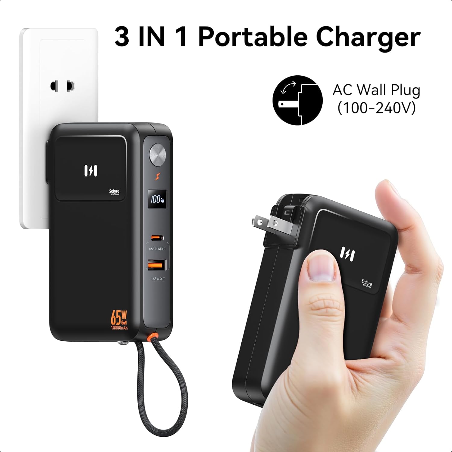 fast charging portable charger power bank 10,000mah pd35w usb c battery pack with 65w gan wall charger, built in usb c cable for iphone 16/1514/13 series, laptop, samsung, pixel, macbook, dell
