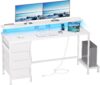 Furologee 55" White Computer Desk with 4 Fabric Drawers & Monitor Stand, Gaming Desk with Power Outlets - LED Lights, Home Office Space-Saving Study Table for Bedroom Small Spaces