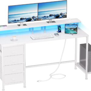 Furologee 55" White Computer Desk with 4 Fabric Drawers & Monitor Stand, Gaming Desk with Power Outlets - LED Lights, Home Office Space-Saving Study Table for Bedroom Small Spaces