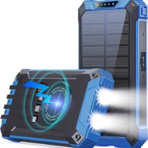 GOODaaa Power Bank Wireless Charger 36000mAh Built in 4 Cables Six Outputs 15W Fast Charging Power Bank for All Mobile Devices Three Inputs Solar Portable Charger with Dual Flashlights, Carabiner