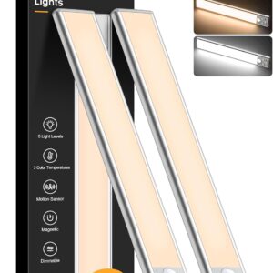 Gritin 10.2inch Under Cabinet Lighting Rechargeable -84 LED Super Bright,3-Color& 5 Level Brightness,4 Modes,Motion Sensor,Long Lasting- Easy Installation Magnetic Under Cabinet Closet Lights -2 Pack