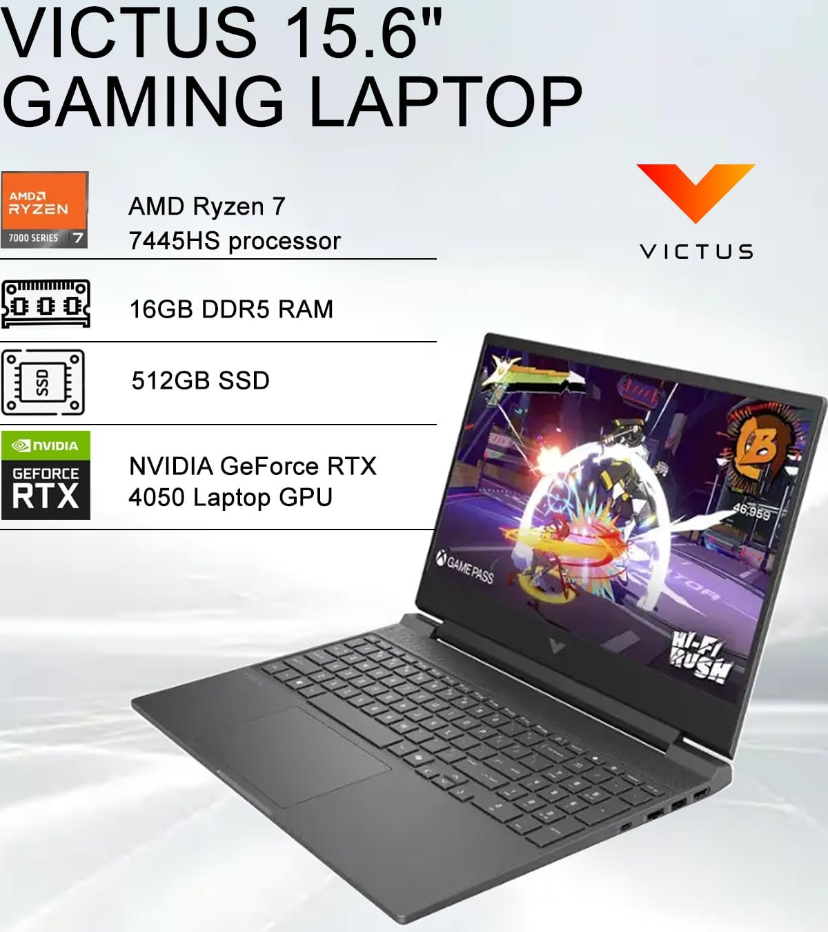 hp victus 15 gaming laptop (15.6" fhd 144hz, nvidia rtx 4050 6gb, amd ryzen 7 7445hs, 16gb ddr5 ram, 512gb ssd, 6 core (> intel i7 13700h) ), backlit kb, ethernet, webcam, wi fi 6, win 11 home, silver
