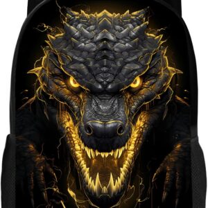 Huke Kids Alligator Backpack for Boys Girls,Cool Lightning Emperor Crocodile Backpack for School & Travel,Big Kids Child Backpacks, Elementary Middle High College Student Bookbag,Black Gold,17 Inch