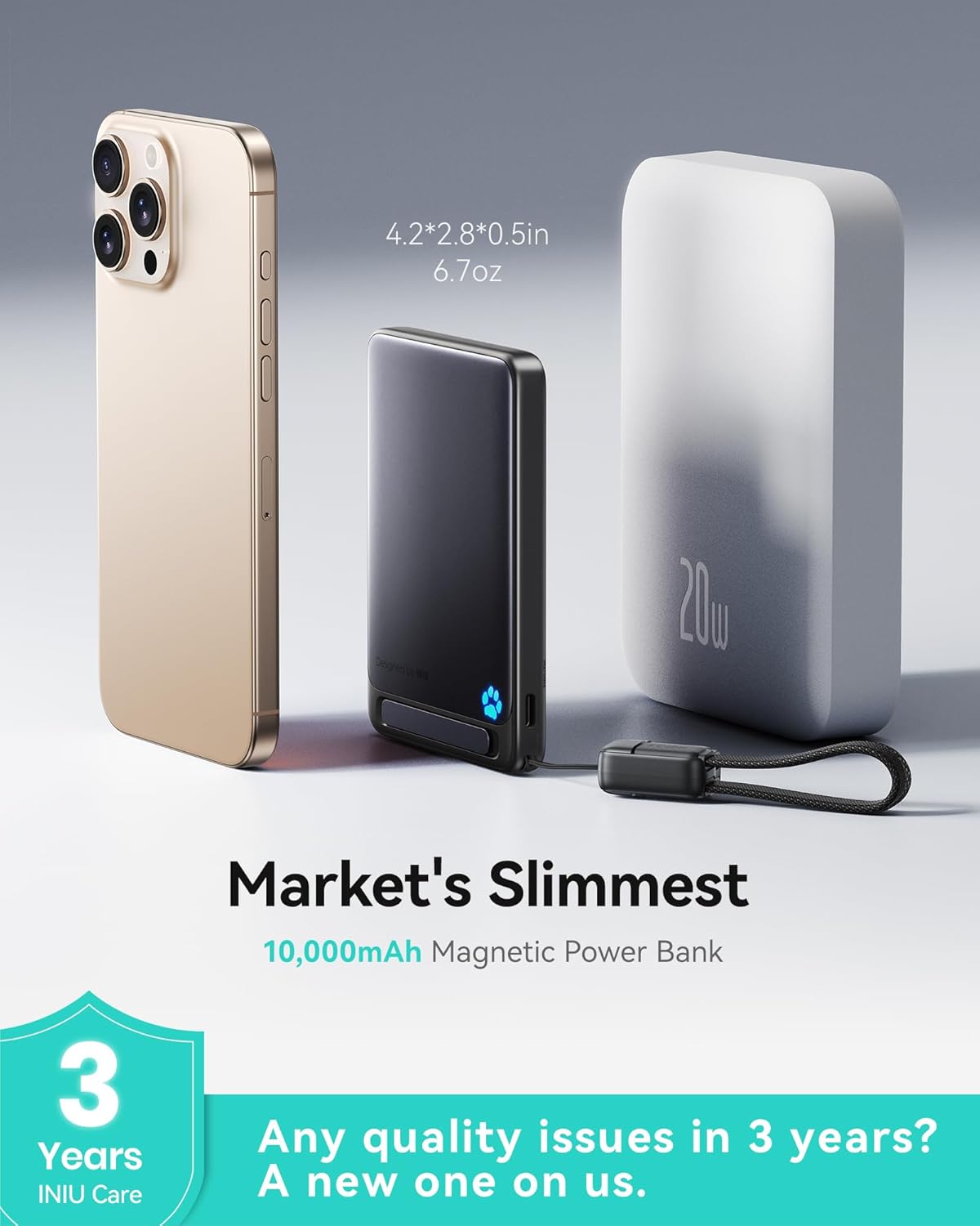 iniu for magsafe portable charger, qi2 certified, slimmest 45w 10000mah magnetic power bank, with usb c cable & stand, fast charging magsafe compatible battery pack for iphone 17 16 15 14 13 12 only