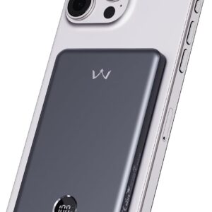 iWALK Magnetic Portable Charger, 5,000mAh Ultra-Slim Power Bank Wireless Charging Battery Pack with LED Power Display, Comfortable Grip Powerbank Compatible with iPhone 17/16/15/14/13 Series, Gray