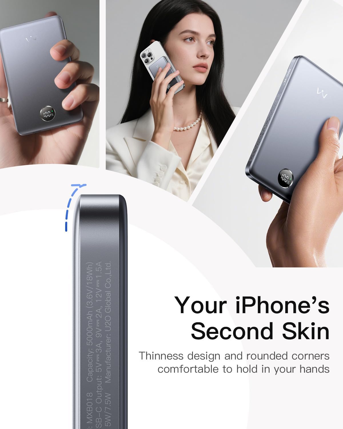 iwalk magnetic portable charger, 5,000mah ultra slim power bank wireless charging battery pack with led power display, comfortable grip powerbank compatible with iphone 17/16/15/14/13 series, gray