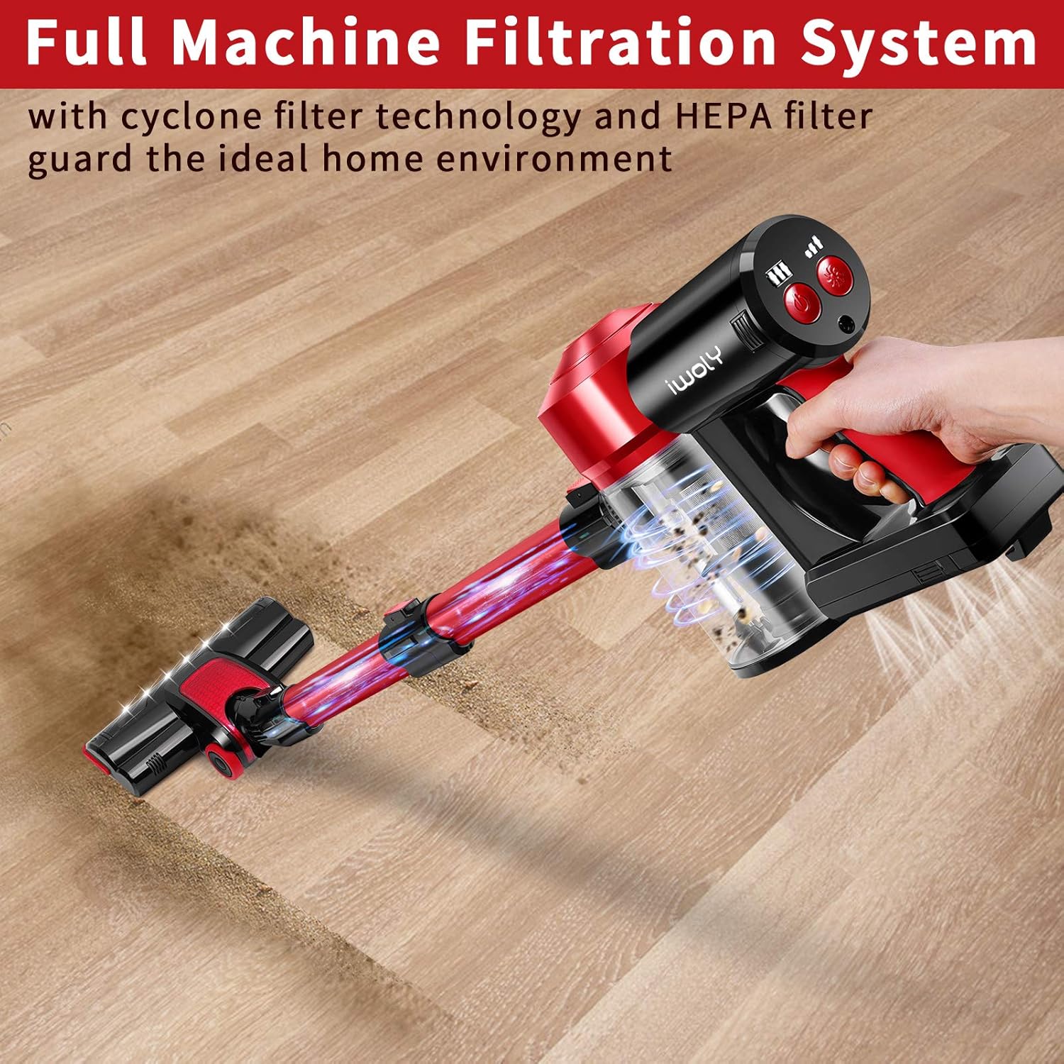 iwoly c150 cordless vacuum cleaner rechargeable with 2200mah detachable battery, 18000pa cyclone vacuum with hepa filter, lightweight portable handheld stick vacuum for hard floor car cleaning