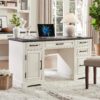 JXQTLINGMU 58" Executive Desk, Farmhouse Computer Desk with Drawers and Cabinet, Embossed Texture Home Office Desk, Workspace for Work Study Writing, Off White