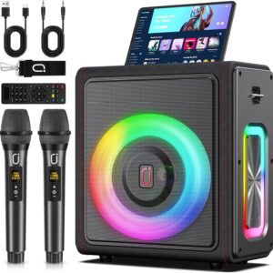 Karaoke Machine, Portable Bluetooth 5.3 Speaker with 2 Wireless Microphones for Adults, PA System with Pitch Correction & Echo Adjustment, Supports TWS/TF Card/USB/AUX/Live/REC for Home Party (200W)