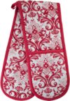 Kitchen BBQ Christmas Red Double Oven Mitts Gloves | Extra Long & Thick, Heat Resistant | Quilted Cloth Attached 1 Piece Oven Gloves | 100% Cotton Pretty Elegant Pattern Holiday Pot Holder Gift