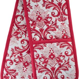 Kitchen BBQ Christmas Red Double Oven Mitts Gloves | Extra Long & Thick, Heat Resistant | Quilted Cloth Attached 1 Piece Oven Gloves | 100% Cotton Pretty Elegant Pattern Holiday Pot Holder Gift