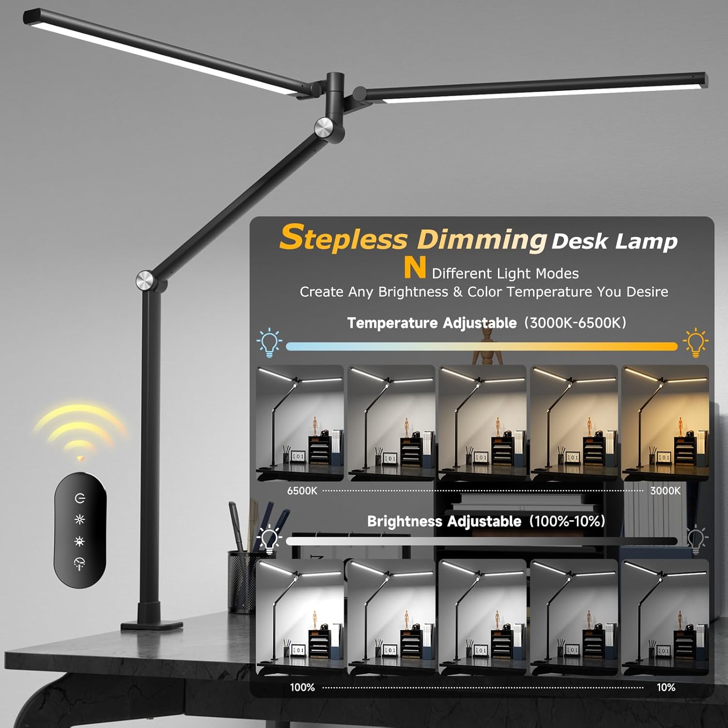 led desk lamp for home office, eye caring architect desk light with remote, dual screen computer monitor light with stepless dimming, stepless color temp, memory function for study, workbench black