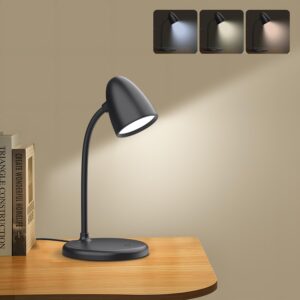 LED Desk Lamp for Home Office,3 Light Colors,Flexible Gooseneck Table Lamp,Dimmable Reading Light for Bedside Small Desk Lamp for College Dorm Room,Bedroom Desk Light,Black